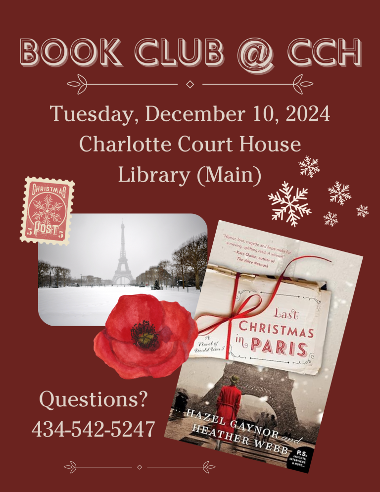 Book Club at Charlotte Court House December 10 at 2pm Last Christmas in Paris