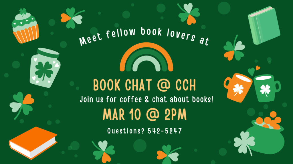 book chat at charlotte court house library. tuesday march 10 at 2pm. join others to discuss books and have a cup of coffee.